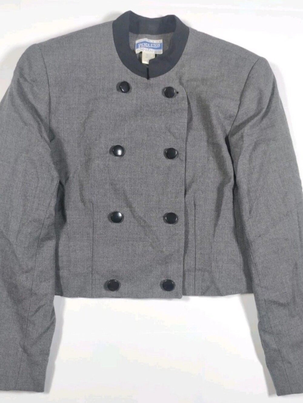 Vintage Pendleton Gray Double Breasted 100% Wool Cropped Blazer Sz 8 Made In USA